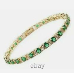14k Yellow Gold Over 9.00 CT Round Cut Green Emerald & Diamond Tennis Bracelet