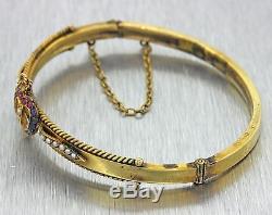 1860s Antique Victorian 9ct Solid Gold Heart Pearl Sapphire Ruby Bangle Bracelet