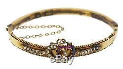 1860s Antique Victorian 9ct Solid Gold Heart Pearl Sapphire Ruby Bangle Bracelet