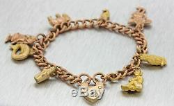 1890s Antique Victorian 9CT Solid Yellow Rose Gold Mixed Charm Bracelet