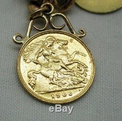 1912 Vintage Heavy 9ct Gold Curb Link Charm Bracelet With 4 Half Sovereigns