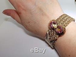 51g VINTAGE RETRO 9CT YELLOW GOLD GATE LINK RUBY PEARL BUCKLE BRACELET 1960s