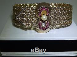 51g VINTAGE RETRO 9CT YELLOW GOLD GATE LINK RUBY PEARL BUCKLE BRACELET 1960s
