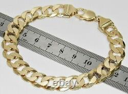 9CT YELLOW GOLD ON SILVER MENS BRACELET CURB CHUNKY 8.75 INCH 12mm Links
