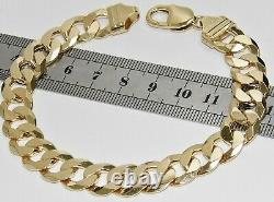 9CT YELLOW GOLD ON SILVER MENS BRACELET CURB CHUNKY 8.75 INCH 12mm Links