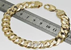 9CT YELLOW GOLD ON SILVER MENS BRACELET CURB CHUNKY 8.75 INCH 12mm Links