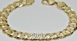 9CT YELLOW GOLD ON SILVER MENS BRACELET CURB CHUNKY 8.75 INCH 12mm Links