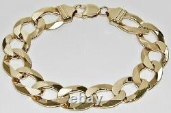 9CT YELLOW GOLD ON SILVER MENS BRACELET CURB HEAVY CHUNKY 8.75 INCH 14mm