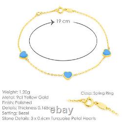 9CT Yellow Gold Clover Heart Turquoise Bracelet (7.5)