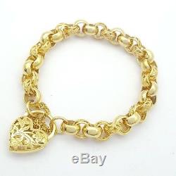 9ct(375,9K) Yellow Gold SOLID Ladies Belcher Bracelet & Open Filigree Heart Lock