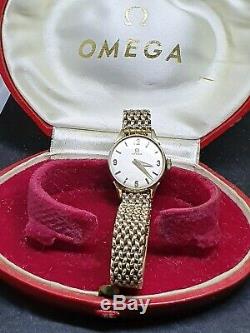 9ct 375 Gold Omega Ladies watch, calibre 245, gold bracelet with box + papers