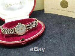 9ct 375 Gold Omega Ladies watch, calibre 245, gold bracelet with box + papers