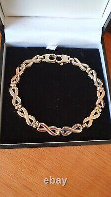 9ct 375 Solid TRI-COLOURED GOLD BRACELET. Rose White & Yellow Gold. 10 Grams. Boxed