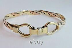 9ct 3 colour ROSE WHITE & YELLOW GOLD TWIST BANGLE torque style with clip 8