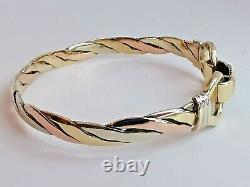 9ct 3 colour ROSE WHITE & YELLOW GOLD TWIST BANGLE torque style with clip 8