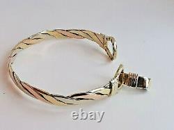 9ct 3 colour ROSE WHITE & YELLOW GOLD TWIST BANGLE torque style with clip 8