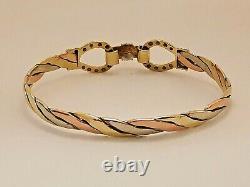 9ct 3 colour ROSE WHITE & YELLOW GOLD TWIST BANGLE torque style with clip 8