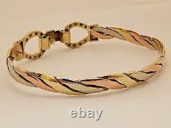 9ct 3 colour ROSE WHITE & YELLOW GOLD TWIST BANGLE torque style with clip 8