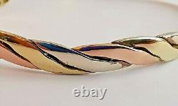 9ct 3 colour ROSE WHITE & YELLOW GOLD TWIST BANGLE torque style with clip 8