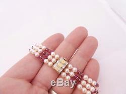 9ct/ 9k gold Diamond clasped three strand cultured Pearl & Ruby bracelet, 375