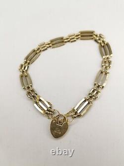 9ct Gold 375 Stamped 3 Bar Gate Bracelet with Heart Clasp and Safety Chain 9g