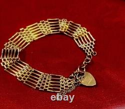 9ct Gold. 6 Bar Gate Bracelet. Heart Padlock. Vintage. Immaculate