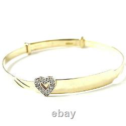 9ct Gold Baby Bangle Heart Identity Hallmarked Expandable Cubic Zirconia 2.9g