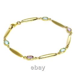 9ct Gold Bar & Oval CZ Crystal Bracelet 7 Inches Ladies Amethyst Aqua