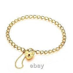 9ct Gold Charm Bracelet Solid Yellow Flat D/c Curb Link Heart Padlock Gift Box