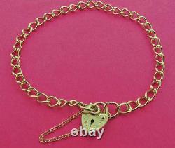 9ct Gold Charm Bracelet Solid Yellow Flat D/c Curb Link Heart Padlock Gift Box