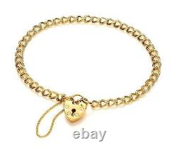 9ct Gold Charm Bracelets Diamond Cut Round Curb Link Heart Locket Padlock Boxed