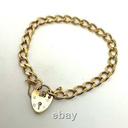 9ct Gold Curb Charm Bracelet Heart Padlock 9ct Yellow Gold Hallmarked 18cm 10.9g