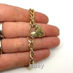 9ct Gold Curb Charm Bracelet Heart Padlock 9ct Yellow Gold Hallmarked 18cm 10.9g