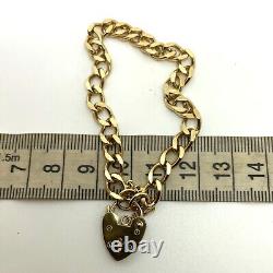 9ct Gold Curb Charm Bracelet Heart Padlock 9ct Yellow Gold Hallmarked 18cm 10.9g