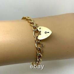 9ct Gold Curb Charm Bracelet Heart Padlock 9ct Yellow Gold Hallmarked 18cm 10.9g