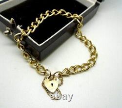 9ct Gold Curb Charm Bracelet Heart Padlock Clasp Yellow Gold Hallmarked 18cm
