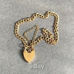 9ct Gold Curb Link Chain Charm Bracelet Heart Padlock Hallmarked 7