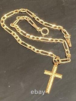 9ct Gold Figaro Cross Bracelet Ladies Solid Link Hallmarked 7.5'' Gift Box