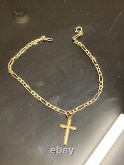 9ct Gold Figaro Cross Bracelet Ladies Solid Link Hallmarked 7.5'' Gift Box