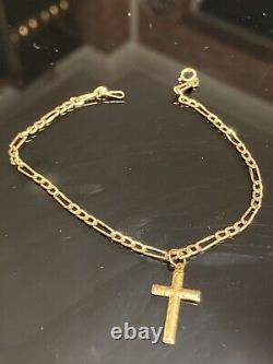 9ct Gold Figaro Cross Bracelet Ladies Solid Link Hallmarked 7.5'' Gift Box