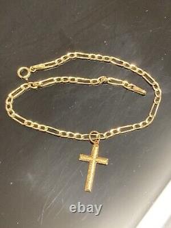 9ct Gold Figaro Cross Bracelet Ladies Solid Link Hallmarked 7.5'' Gift Box