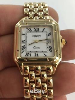 9ct Gold Ladies Gents Geneve Solid Gold Bracelet Watch Tank Style 62.04 Grams