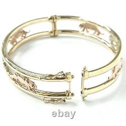 9ct Gold Panther Bangle Ladies Three Colour Yellow White Rose 13.7g 12.5mm Wide