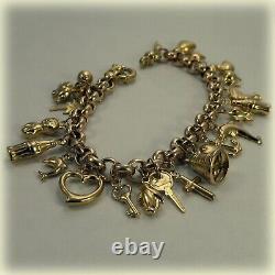 9ct Gold Round Belcher Link 7.5 Charm Bracelet, 24 Charms included