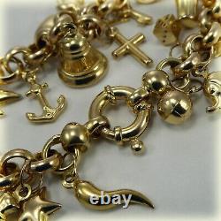 9ct Gold Round Belcher Link 7.5 Charm Bracelet, 24 Charms included