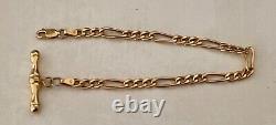 9ct Gold T Bar Figaro Bracelet. Full Length 20cms (8ins) W 4mm. Weighs 3.7g