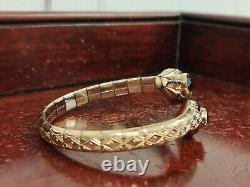 9ct Gold on metal Snake Bangle Bracelet Green Stones