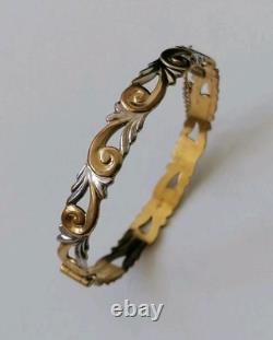 9ct Rolled Gold Bangle Scrolling Foliate Etched Hinged Yellow White