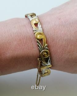 9ct Rolled Gold Bangle Scrolling Foliate Etched Hinged Yellow White