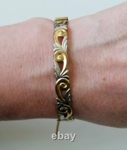 9ct Rolled Gold Bangle Scrolling Foliate Etched Hinged Yellow White